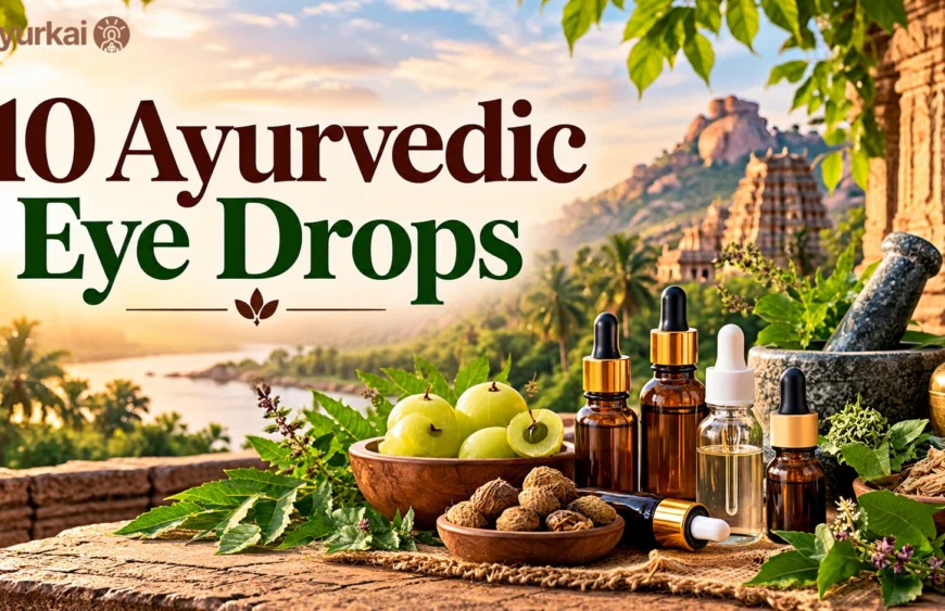 10 Ayurvedic Eye Drops featuring traditional herbal ingredients, amla, medicinal plants and eye drop bottles