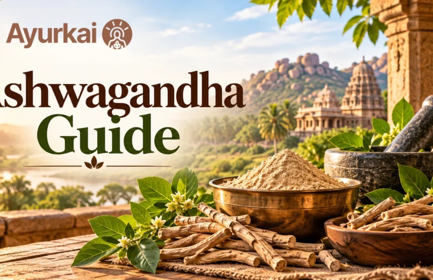 Ashwagandha Guide featuring ashwagandha roots and powder in traditional Ayurvedic wellness